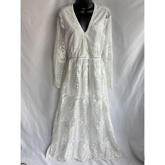 BOHO Beach Hut NWT Maxi White Embroidered Dress Lace Crochet Long Bohemian M - Picture 3 of 12